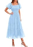 PRETTYGARDEN Women's Smocked Midi Tulle Dress 2025 Summer Puffy Short Sleeve Square Neck Ruffle Wedding Guest Party Dresses (Light Blue,Small)