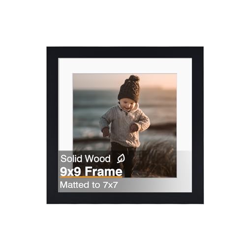 KINLINK 9x9 Picture Frame, Black Square Solid Wood Frames for Pictures 7x7 with Mat or 9x9 without Mat, Wall and Tabletop Display Photo Frames Black 1 Pack