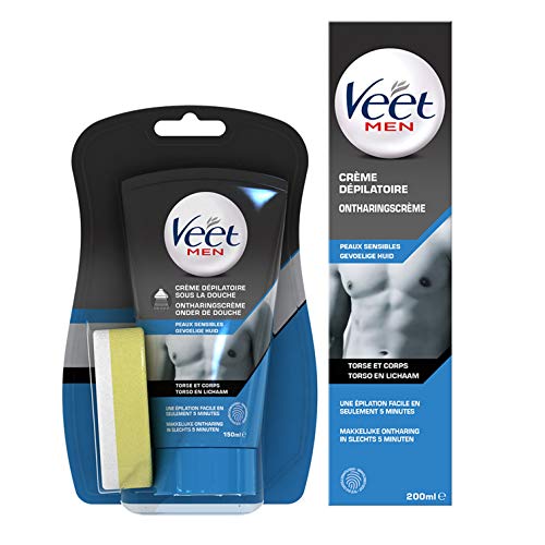 Veet Men Crème Dépilatoire Homme - Peaux Sensibles - Crème Sous La Douche 150ml et Crème Tube 200ml