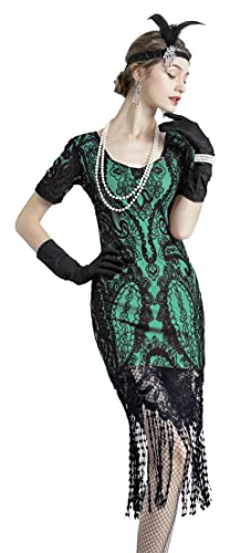 Image of Women 1920s Gatsby Flapper Dress Sexy Open Back Strap Fringed Cocktail Party Dress with 20s Accessories