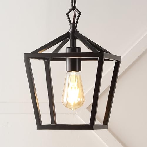 Image of JONATHAN Y Pagoda 1-Light Pendant 8 inch Cage, Oil Rubbed Bronze | Traditional Metal Farmhouse Hanging Lantern Ceiling Fixture, Adjustable Chain Link, For Kitchen Island, LED Bulb Included