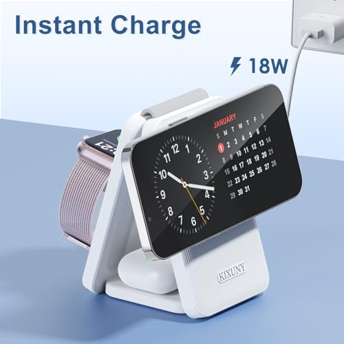 3 in 1 Wireless Charging Station Fits for Magsafe Charger Stand, KIXUNY Charging Station for Apple Multiple Devices, Foldable Wireless Charger for iPhone15-12/AirPods/Apple Watch(Adapter Included)