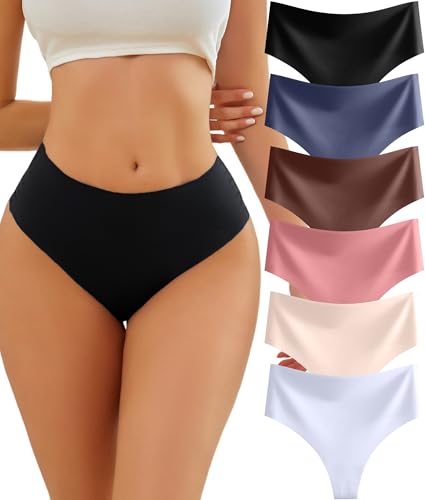 Image of 6 Pack High Waisted Thongs for Women Feather-light Seamless Underwear No Show Sexy Breathable Panties for Ladies