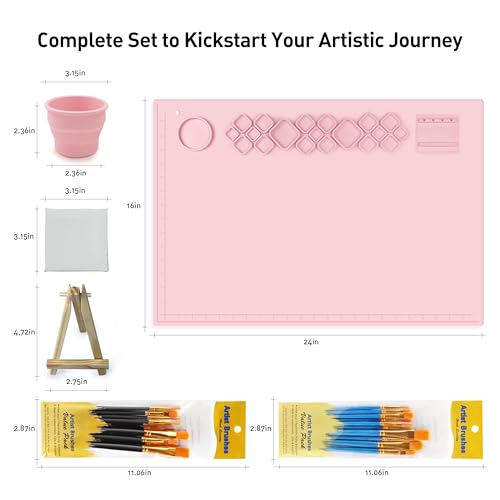 Image of FINFINLIFE XL Silicone Paint Mat for Kid, 24 inchx16 inch Painting Station for Gift, Silicone Art Mat for Crafts with Paint Brush Cleaner Tray Palettes, Painting Brushes Mini Canvas Easel (Pink)