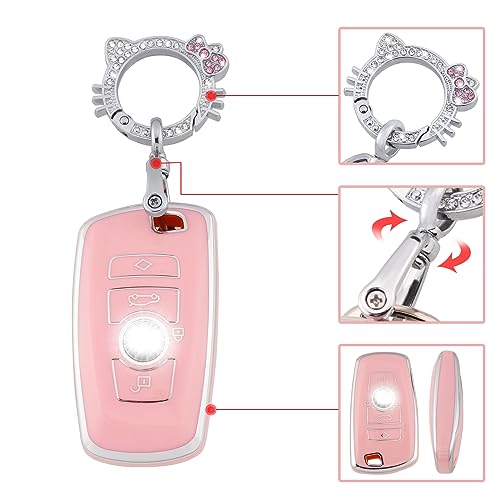 Image of Pangpai Pink Key Fob Cover for BMW, Soft TPU Key Case Protection with Bling Keychain Fit for BMW 2 5 6 7 X1 X2 X3 X5 X6 Series