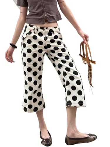 Y2K Polka Dot Capri Pants Flare Cropped Jeans Vintage Low Rise Wide Leg Trousers Casual Retro