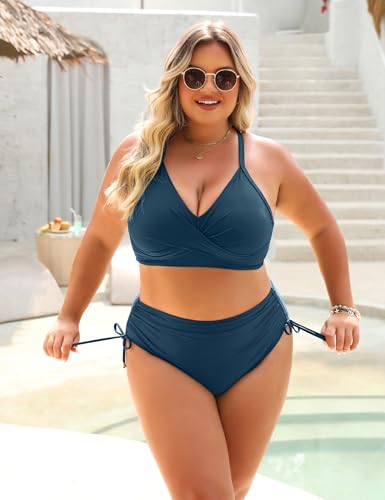 Image of Blooming Jelly Womens High Waisted Bikini Sets Drawstring Tummy Control Swimsuits Crisscross Tie Back Bathing Suit