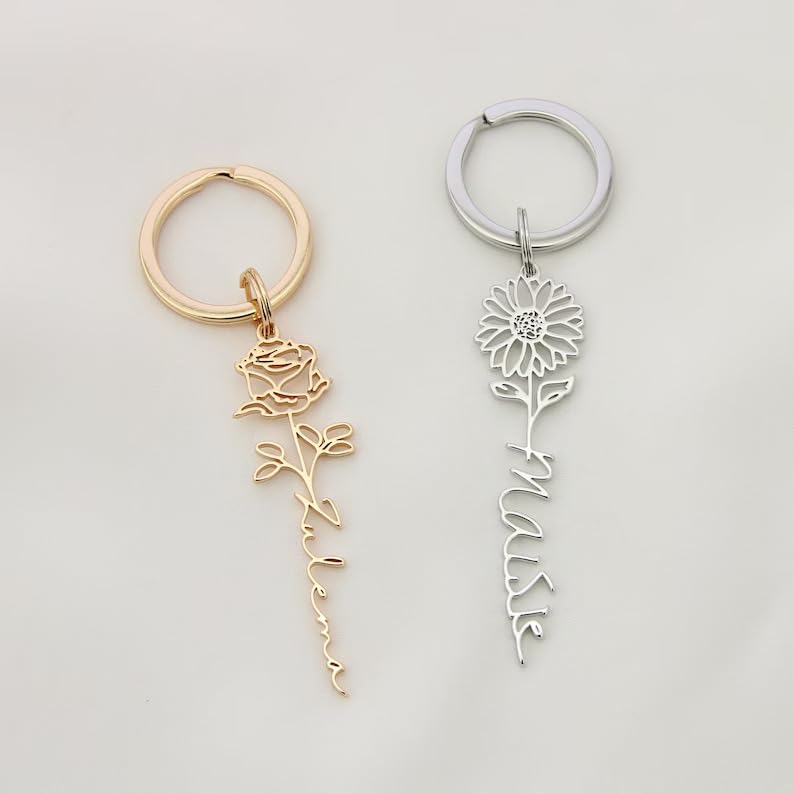 Custom Name Birth Flower Keychain,Personalized Keyring,Valentine Christmas Bridesmaid Gift For Her - Stainless Steel, Gold-image-15