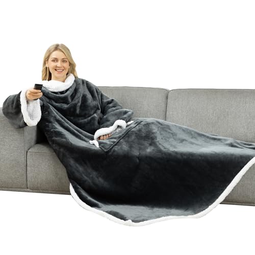 Winthome Couverture Polaire avec Manche et Sac de Pied, Couverture Chaude avec Velcro, Plaid Canape pour Cadeaux, Hiver, Plaid avec Manche, Économies de Coûts de Chauffage (Gris, 140x180cm)