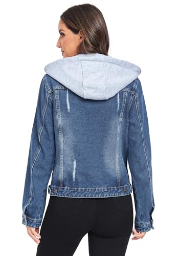 Anienaya Women's Hooded Jean Jacket Drawstring Layered Washed Long Sleeve Detachable Hoodie Denim Jacket w 2 Pockets2