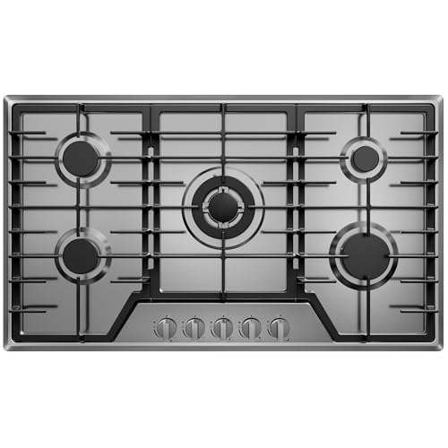 36 Inch Gas Cooktop 5 Sealed Burners, Stainless Steel Drop-in Stovetop Dishwasher Safe Cast Iron...