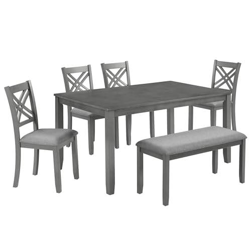 Image of LUMISOL 6-Piece Solid Wood Dining Table Set, Wood Kitchen Table with 4 Chairs and Bench, Farmhouse Dining Table with Bench and Chairs Set for Kitchen, Living Room, Grey