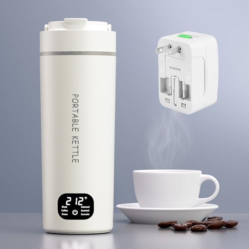 HOWDIANQY Hervidor eléctrico portátil de doble voltaje para agua caliente para té, café, 6 controles de temperatura y pantalla LCD, acero inoxidable 316 y 450 ml, apagado automático y protección