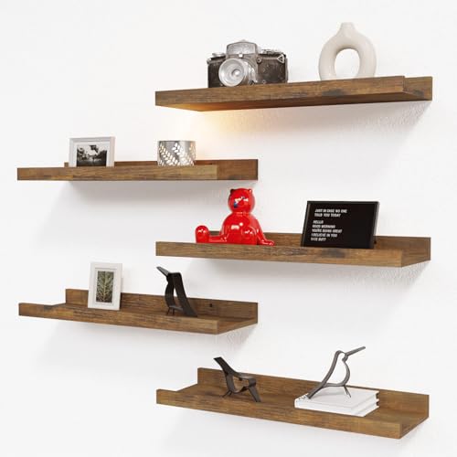 RICHER HOUSE 5 Set Floating Shelves for Wall Decor Wall Mounted Book Shelf Nursery Shelves Picture Ledge Shelf with Lip for Wall Storage Bedroom Living Room Bathroom Brown