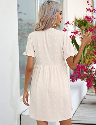 Kojooin Maternity Swiss Dot Dress Summer V Neck Short Sleeve Button Down Mini Dress Baby Shower Photoshoot With Pockets Beige L #TOP4