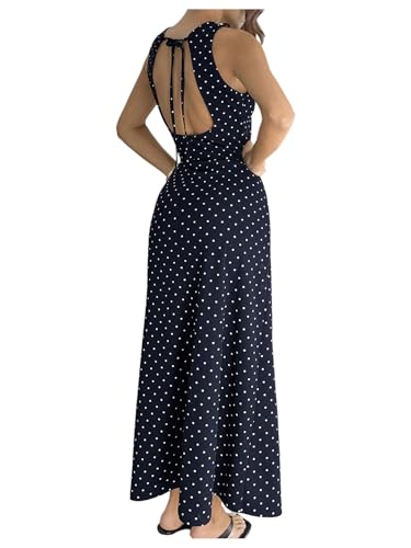 Verdusa Women's Polka Dots Tie Back Holiday Dresses Backless Long Wedding Guest Dress Dark Blue Small