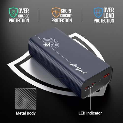 Image of ZEBRONICS 27000 mAh Power Bank, 65W Fast Charging, Outputs (2 Type C & 1 USB) PD3.0, For iPhone, Android, Laptop, Tablets, Earbuds, Flight Friendly, Metallic Body + Type C Cable (EnergiPOD 27R2, Blue)