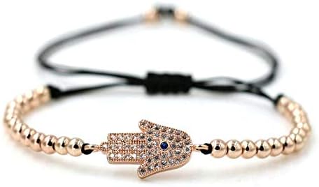 Ochoos Anil Arjandas Hamsa Hand Men Women Lucky Bracelets Micro Pave CZ 4mm Copper Beads Braid Bracelets Pulseira Masculina Gift - (Metal Color: Rose Gold)