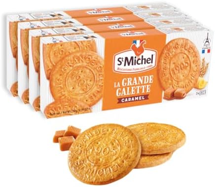 St Michel Caramel Grandes Galettes Butter Cookies Biscuits 5.29oz, Made In France, Pack of 4 Non-GMO total of 36 Butter Cookies