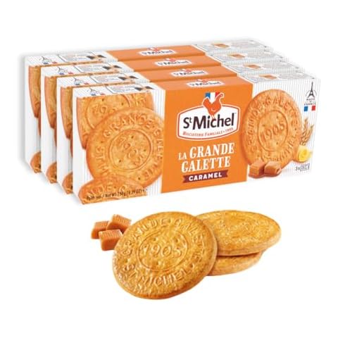 St Michel Caramel Grandes Galettes Butter Cookies Biscuits 5.29oz, Made In France, Pack of 4 Non-GMO total of 36 Butter Cookies Cover
