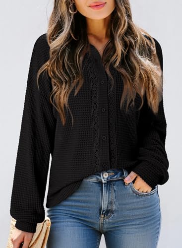 Dokotoo Womens Waffle Knit Crochet Lace Shirts 2025 Fall Long Sleeve Button Down Blouses4