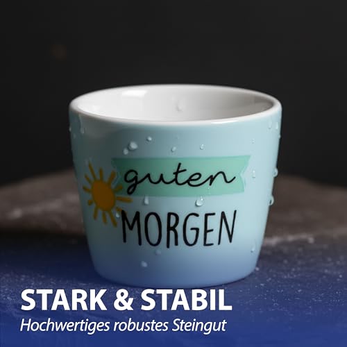 Foto von Cepewa Eierbecher 6er Set 6 Motive | Steingut bunt 5x4cm | Geschirr Becher für Eier | Gute Laune Sprüche | Eierhalter für Frühstückstisch Geschenkidee