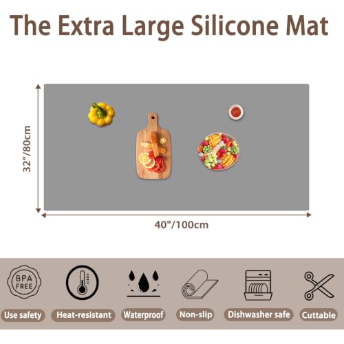 Image of Extra Large Silicone Mat for Kitchen Counter, 40''x32''(100cmx80cm) Non-Slip Heat Resistant Countertop Protector, Waterproof Durable Kitchen Mat for Countertops, Black