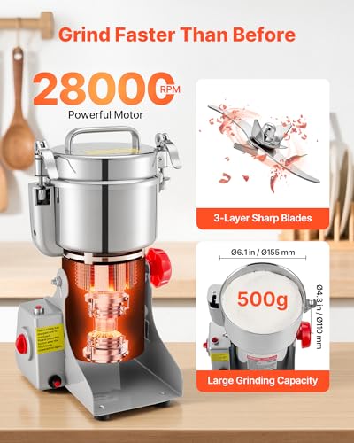 Image of VEVOR 500g Electric Grain Mill Grinder, High Speed 2000W Commercial Spice Grinders, Stainless Steel Pulverizer Powder Machine, for Dry Grains Spices Cereals Coffee Corn Pepper, Swing Type