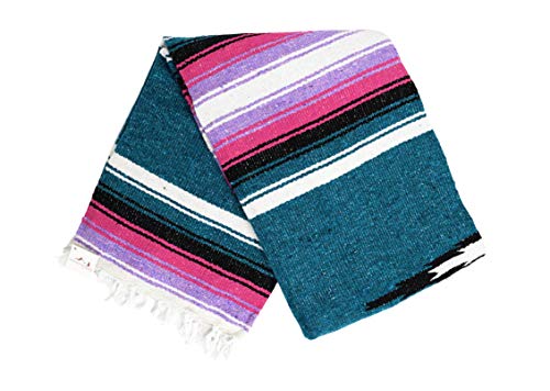 Open Road Goods Mexican Diamond Blanket - XL Heavyweight Yoga Blanket – Handmade in Mexico - Thick Boho Serape Saltillo Style Throw for Beach, Picnic, Home, Camping and More! (Aegean Blue & Pink)