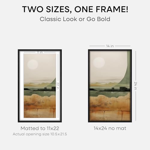 Image of Homeforia 14x24 Picture Frame Black Wood, High End Oak 14x24 Poster Frames with Mat 11x22 Photo, 14 x 24 Wooden Frame Matted to 11 by 22 Print, 24x14 Hanging Frames, Tempered Glass, Wall Kit, Set of 2