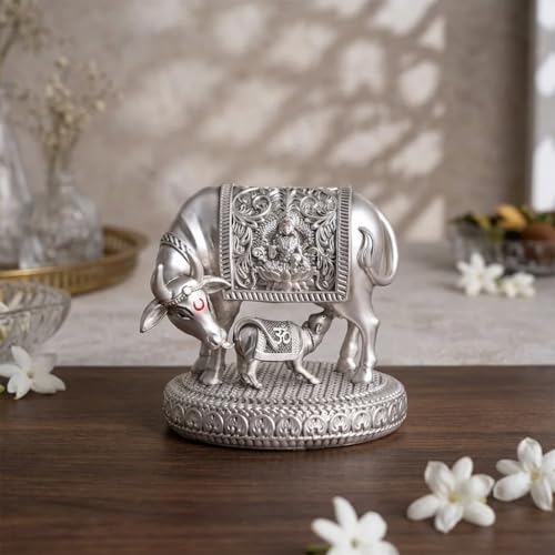 Image of Svastika 999 Silver Plated Kamdhenu Cow with Calf Idol | 3.5 Inch Kamadhenu Gomatha Vastu Showpiece | Kaamdhenu Idol for Puja | Anniversary Wedding Housewarming Gift