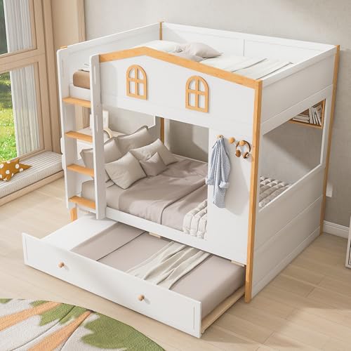 Image of Merax Full Over Full Size House Bunk Bed with Storage Shelves & Pull-Out Trundle, Solid Wood Space-Saving Loft Bed Frame with Safety Guardrails for Bedroom, White+Natural
