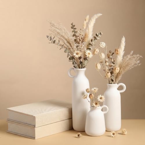 Image of PUREZENTO White Ceramic Roman Bottle Vase - Set of 3 | Matte Ceramic Flower Vases for Pampas Grass & Dried Flowers | Modern Decorative Vases for Home, Living Room, Bedroom, Office & Table Decor