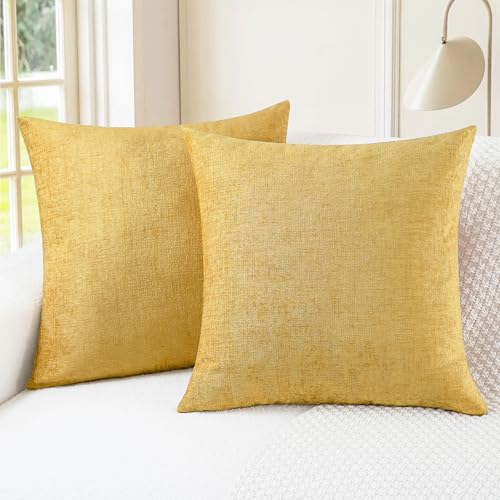Image of CaliTime Pack of 2 Cozy Throw Pillow Covers Cases for Couch Sofa Home Decoration Solid Dyed Soft Chenille 20 X 20 Inches Gold