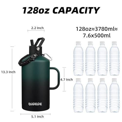 Image of BJPKPK 1 Gallon Water Bottle Insulated with Straw Lid, 128oz Large, Stainless Steel Water Bottles with 3 Lids and Paracord Strap,Double Wall Vacuum Metal Water Jug,Army Green&Black