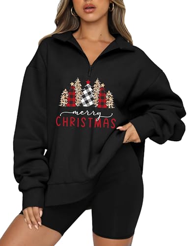 Selicy Christmas Sweatshirts for Women Half Zip Pullover Oversized Sweatshirt Long Sleeve Quarter Zip Christmas Tree Merry Christmas Tops V Neck Outfits Teen Girls Fall Fashion Y2K Clothes Black L