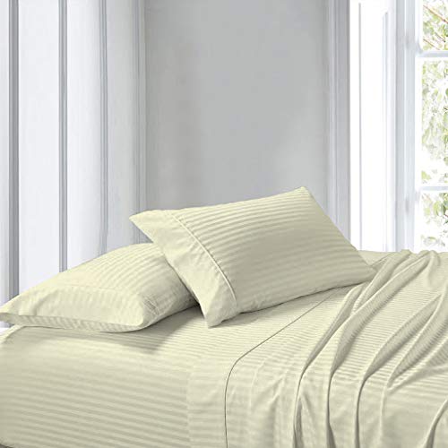 NON Sticky cotton Premium Queen Waterbed Sheets, 4 Piece Egyptian Cotton Attached Sheet Set with 18" Deep Pocket, Soft Breathable Bedding for Waterbeds 72" x 96", Ivory Stripe