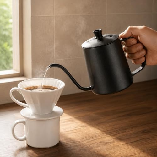 Image of Thickened Body Stainless Steel Gooseneck Kettle Lid Included Mini Coffee Dripper Pot Precise Pouring Long Spout Coffee Kettle Rust Resistant for Home Cafe
