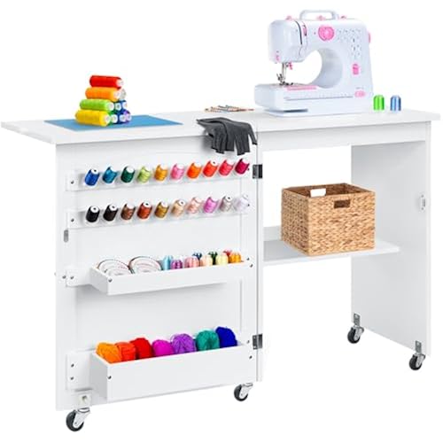 Best Choice Products Folding Sewing Table Multipurpose Craft Station & Side Desk with Compact Design, Wheels, Shelves, Storage Trays, Pegs, Magnetic Doors, Metal Doorknobs - White