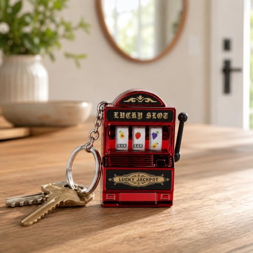 Image of Mini Arcade Slot Machine Keychain with Fruit Reel Display, Retro Novelty Key Ring and Bag Charm for Keys, Backpacks, Party Favors, Collectors and Festival Gifting