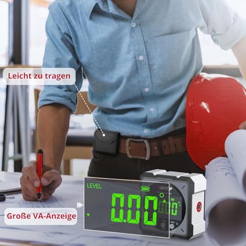 XUNTOP Digitaler Winkelmesser Neigungsmesser Laser Wasserwaage mit LCD Display, Type-C Schnittstelle IP54 Wasserdicht Magnetisch Nivellierbox Level Box für Holzarbeiten, Bau, Dekoration, DIY - Grau