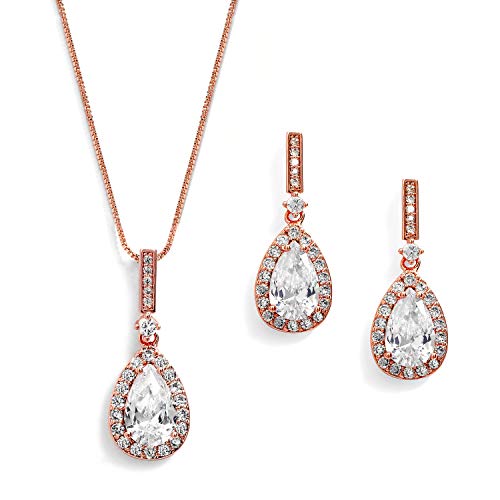 Mariell 14K Rose Gold Plated Cubic Zirconia Pear-Shape Necklace & Earrings Bridal and Wedding Jewelry Set