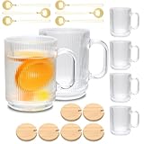 Cadamada 12 oz Glass Coffee Mugs with Handle, Classic Vertical Stripes Glass Coffee Cups, Transparent Tea Cup for Beverages, Latte,Glassware Set for Americano, Cappuccino,Hot Milk,6 Pack