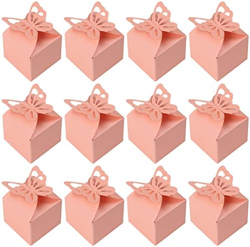 Kurtzy 50 Pack Baby Pink Party Treat Favour Gift Boxes with Butterflies - 6 x 5.5cm / 2.36 x 2.17 inches - Pastel Loot Goodie Gable Bags - Kids Birthdays, Food, Baby Shower & Weddings