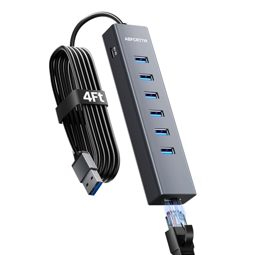 Image of 4FT USB to Ethernet Adapter, 7-in-1 USB Hub 3.0 Multiport Adapter with Ethernet 1Gbps & 6 USB 3.0 Port, USB Ethernet Adapter for Desktop, Laptop, MacBook, XPS Windows