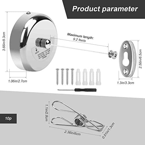 Catcan Retractable Clothesline, Stainless Steel Round Clothes Line Retracting Indoor For Hotel, Bathroom, Laundry With 10 Pcs Metal Clothespins Adjustable Rope Shower Clothing Line(9.2Ft Nylon String) #TOP6