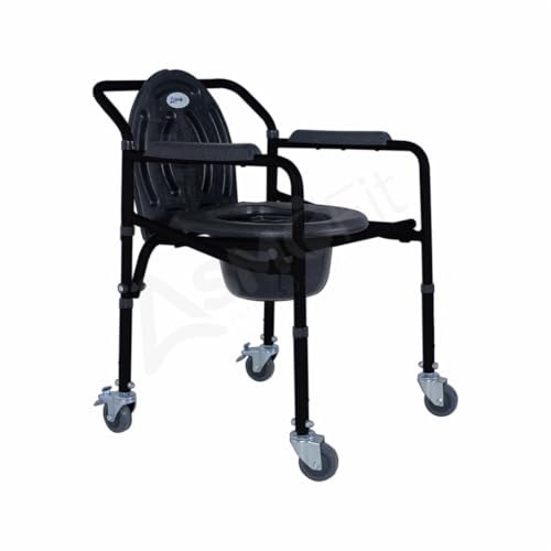 Image of Foldable Commode Chair Height Adjustable Use in Room or Over Toilet, Potty Chair with Armrests, Bedside Commode - Ideal for Adult, Pregnant Women, Elderly - Weight Capacity 100KG (With Wheels - Black)