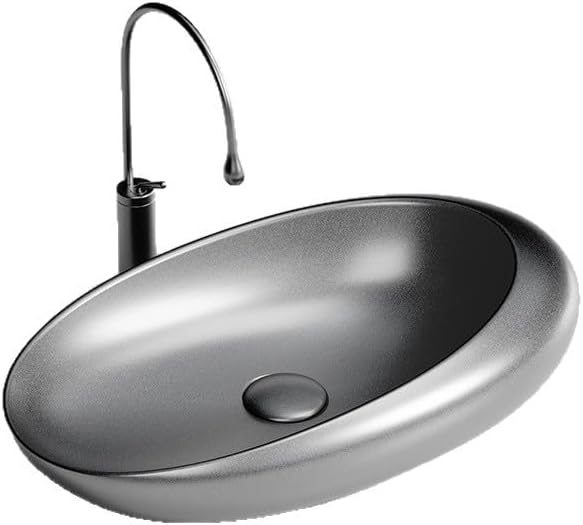 Verceton Oval Vessel Sink, Single Basin, Porcelain, Gray, 19.3x12.2x5.9 Inches, with Drain Assembly