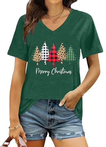 hohololo Christmas T Shirt Womens Merry Christmas Shirt Xmas V-Neck Shirts (green2,XXL)