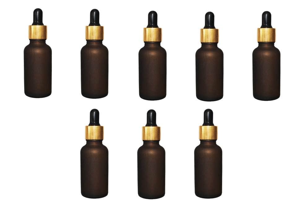PHARCOS 30ML Amber FROSTED|MATT FINISHED GLASS DROPPER BOTTLE WITH GOLDEN DROPPER and black teat SET for essential oil perfumes cosmetics (SET OF 8).-image-29
